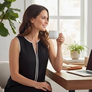 Spense Sleeveless Blouse Womens Medium Black White Trim‎ Stretch Top Tank Office